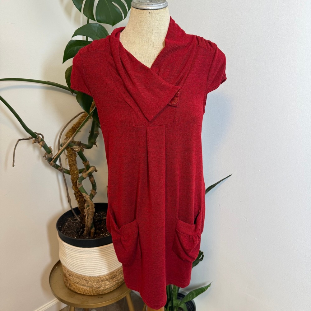 Papillon‎ Knit Tunic Dress Womens Medium Red Cowl Neck Cap Sleeve Pockets
